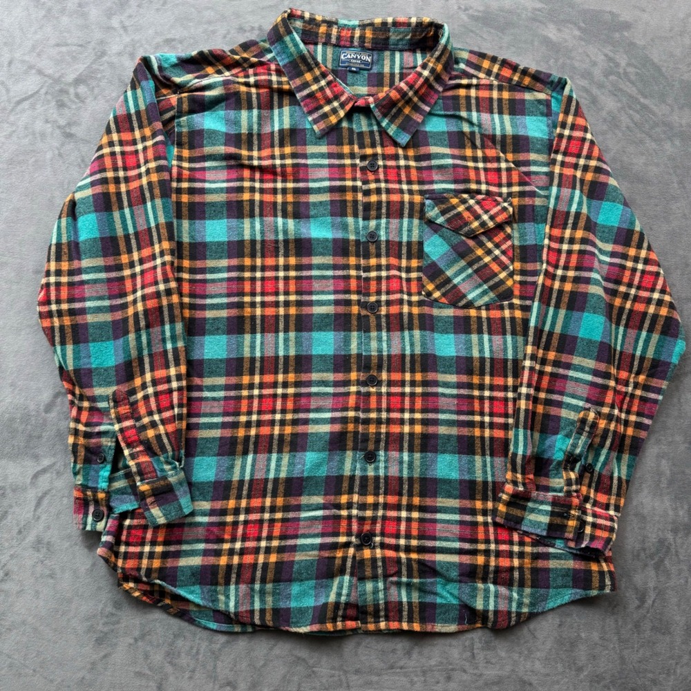 Canyon Creek Mens 2XL Plaid Flannel Shirt Multi-Color Teal Orange Button Down